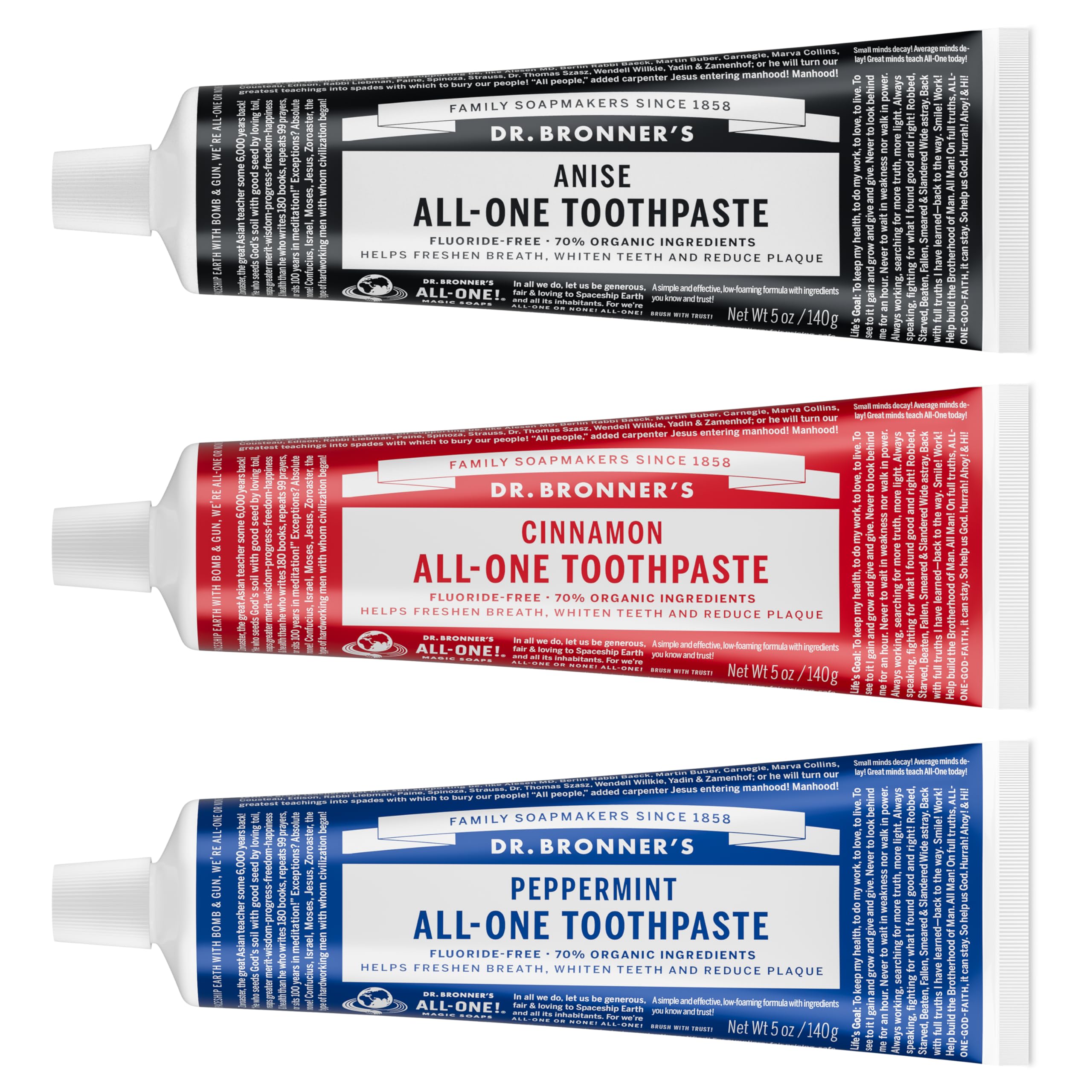 Dr. Bronner's paquete 3 tubos frontal mostrando los sabores y beneficios naturales