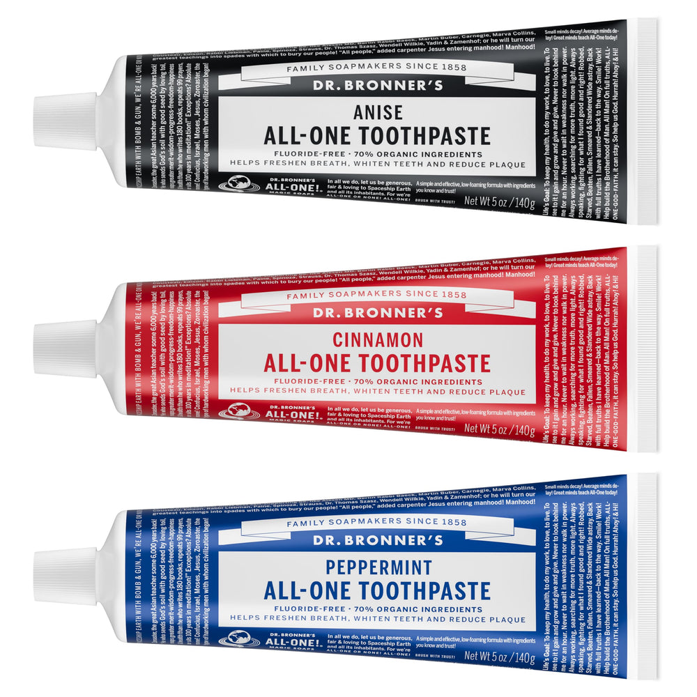 Dr. Bronner's paquete 3 tubos frontal mostrando los sabores y beneficios naturales