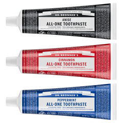 Dr. Bronner's paquete 3 tubos frontal mostrando los sabores y beneficios naturales
