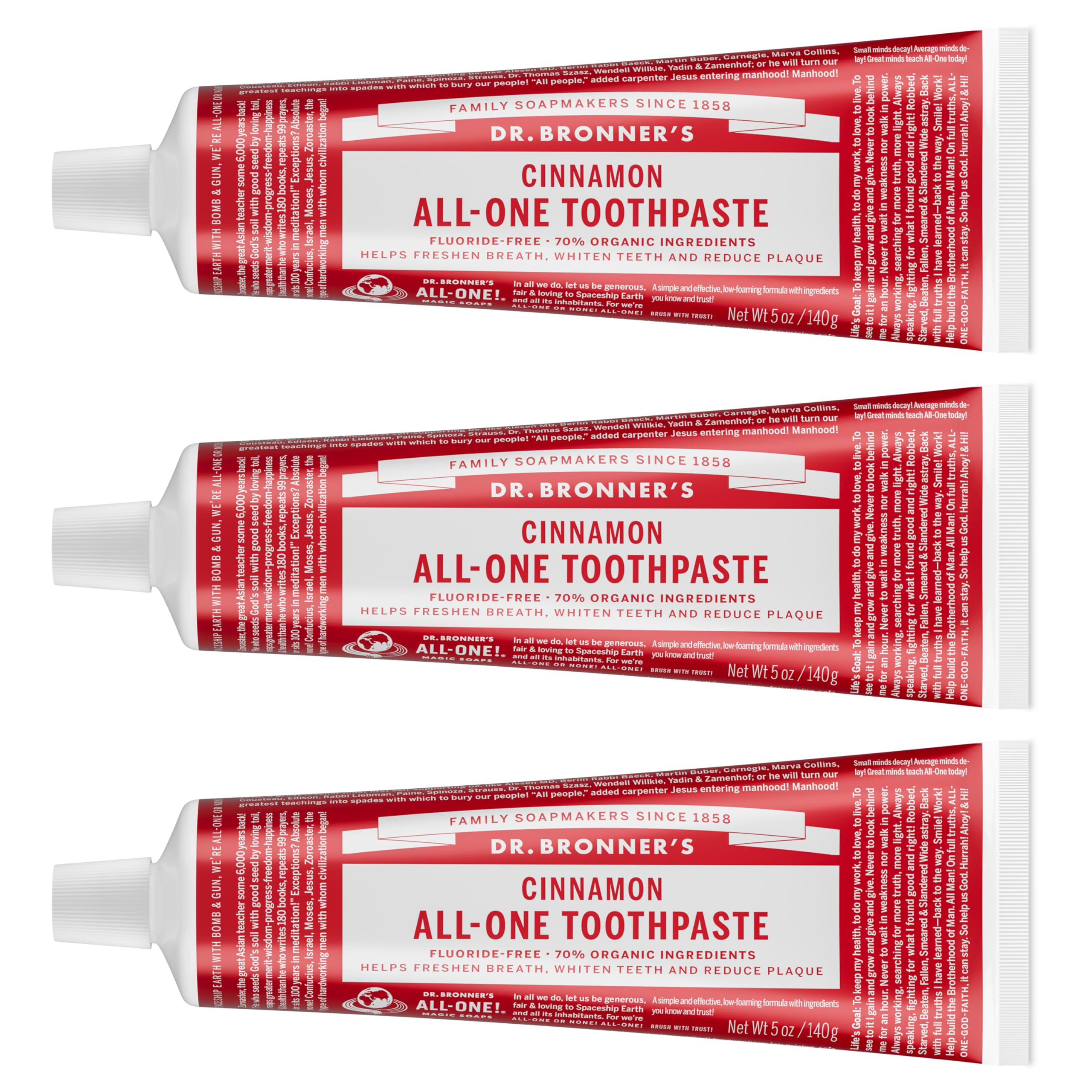 Dr. Bronner's vista frontal del tubo con canela, presentación clara y natural