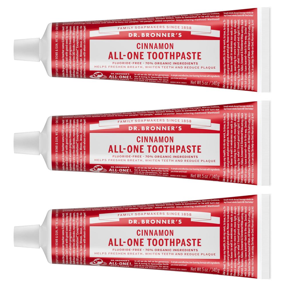 Dr. Bronner's vista frontal del tubo con canela, presentación clara y natural