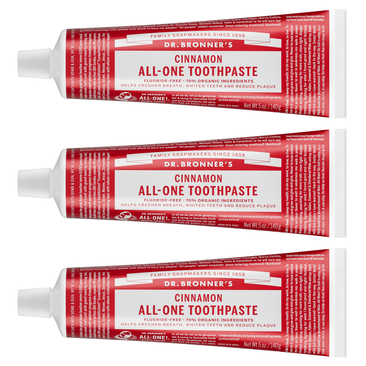 Dr. Bronner's vista frontal del tubo con canela, presentación clara y natural