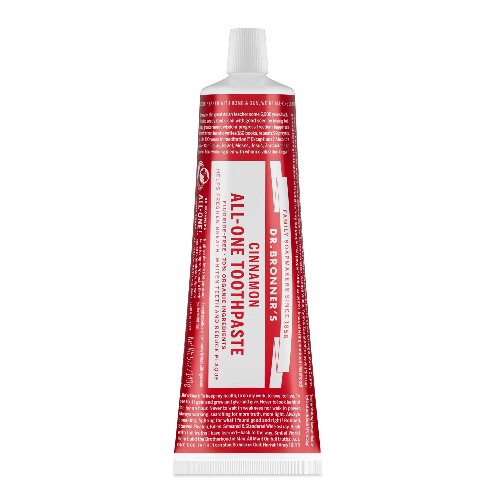 Dr. Bronner's tubo frontal mostrando etiqueta clara y beneficios naturales