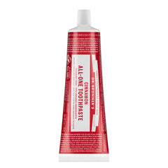 Dr. Bronner's tubo frontal mostrando etiqueta clara y beneficios naturales
