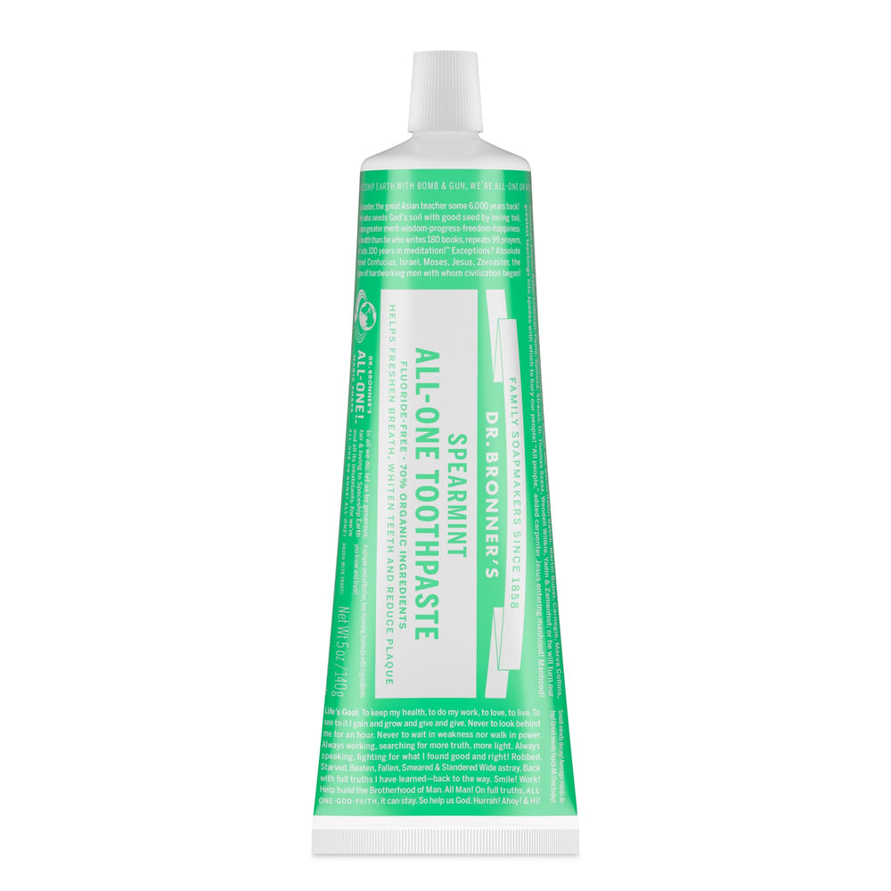 Dr. Bronner's frente del empaque mostrando 5 oz y spearmint para identificación clara