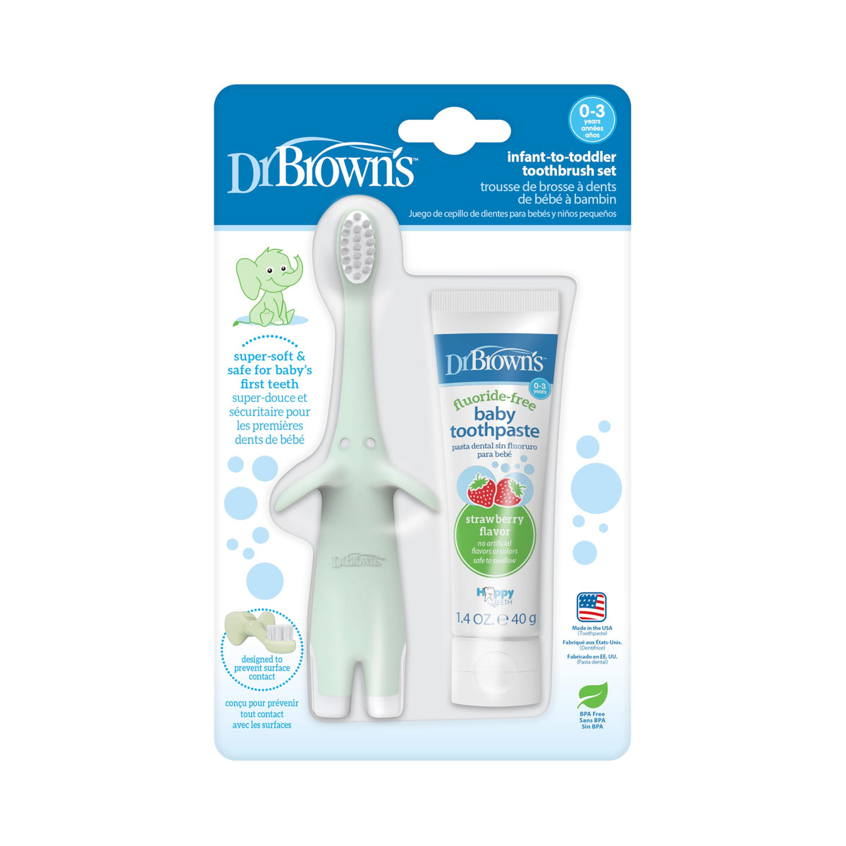 Dr. Brown's cepillo elefante frontal muestra diseño seguro y atractivo