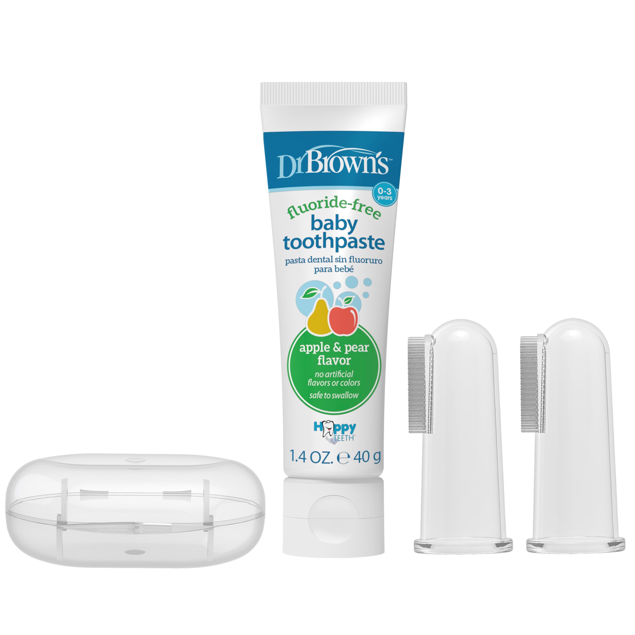 Dr. Brown's paquete frontal del kit con cepillos y pasta mostrando conveniencia