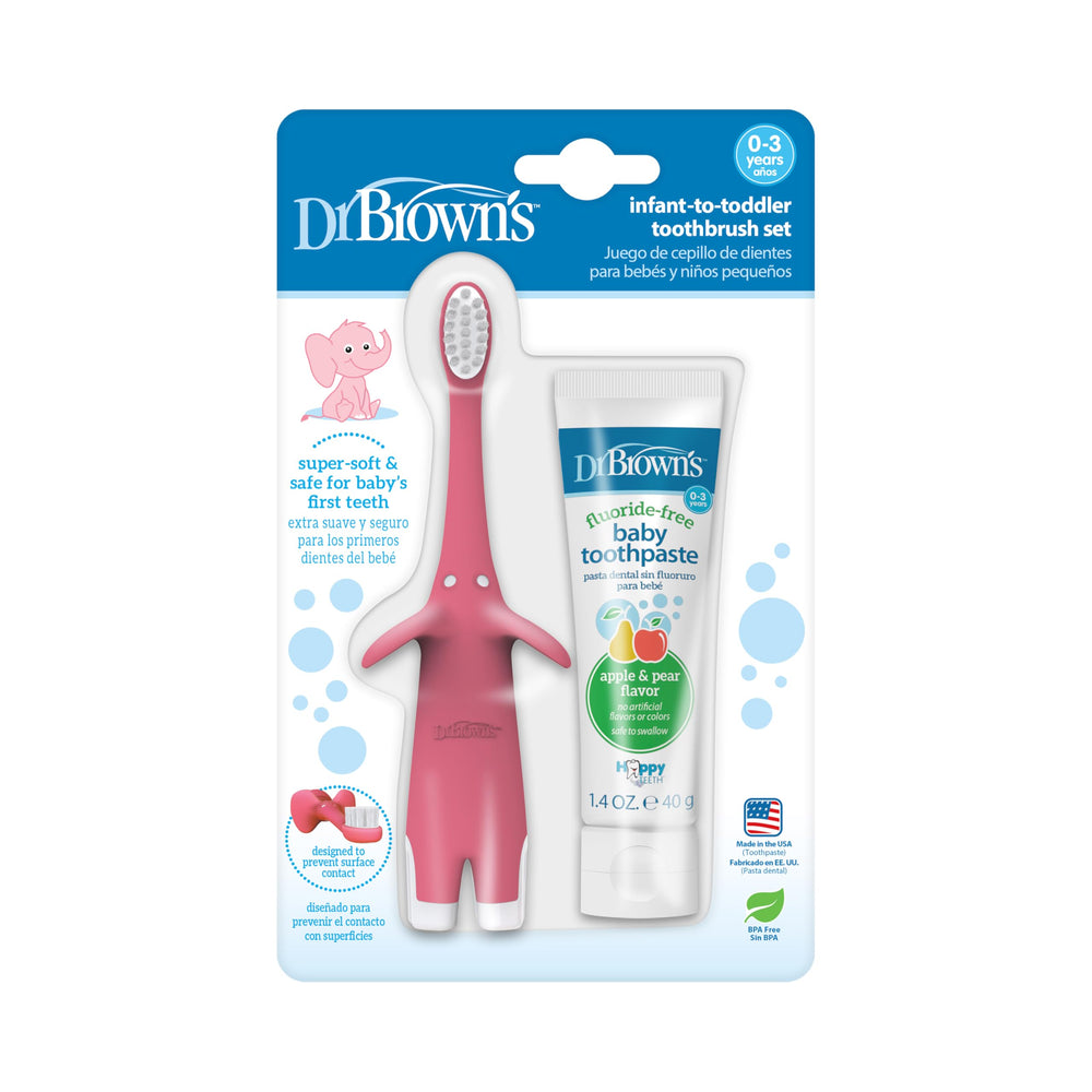 Dr. Brown's paquete frontal del set mostrando cepillo y pasta, práctico para padres