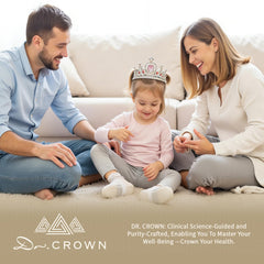 DR. CROWN frasco en ambiente saludable con frutas — estilo de vida equilibrado