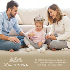 DR. CROWN cápsulas al lado de una regla para comparar tamaño y dosificación