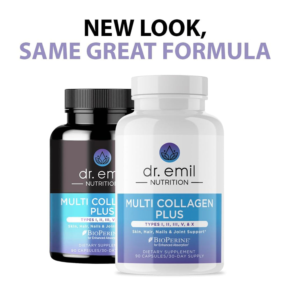 Etiqueta nutricional de Dr. Emil Nutrition con tipos de colágeno y certificaciones