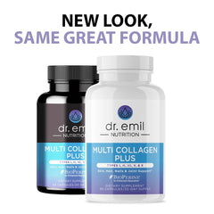Etiqueta nutricional de Dr. Emil Nutrition con tipos de colágeno y certificaciones