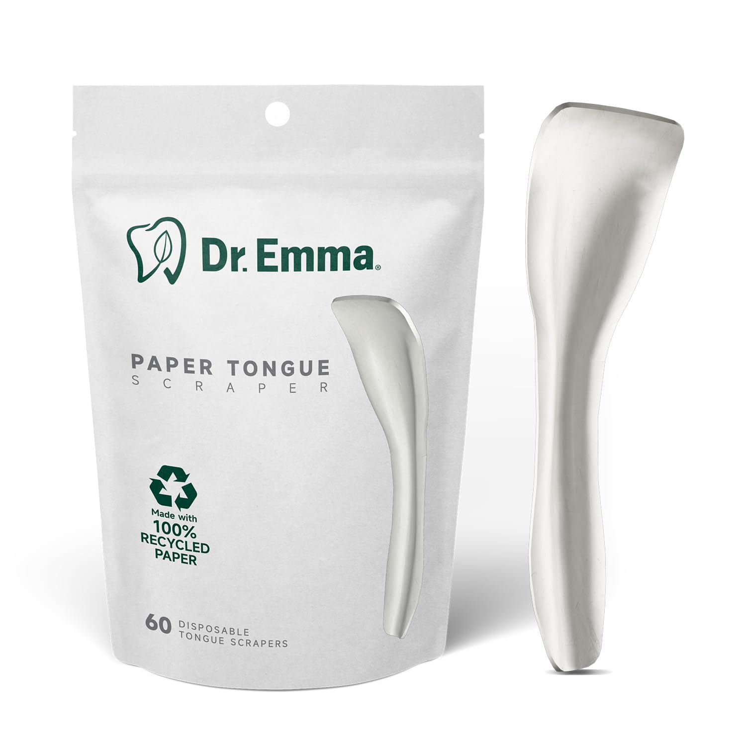 Dr. Emma envase frontal mostrando 60 raspadores para aliento fresco