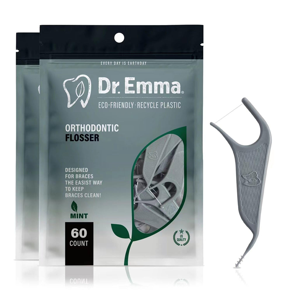 Dr. Emma paquete frontal mostrando 60 flossers para limpieza ortodóntica