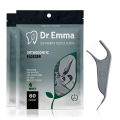Dr. Emma paquete frontal mostrando 60 flossers para limpieza ortodóntica