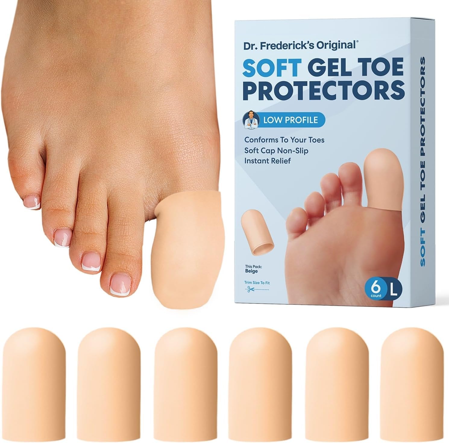 Dr. Frederick's empaque frontal mostrando 6 tapones de gel, protección inmediata