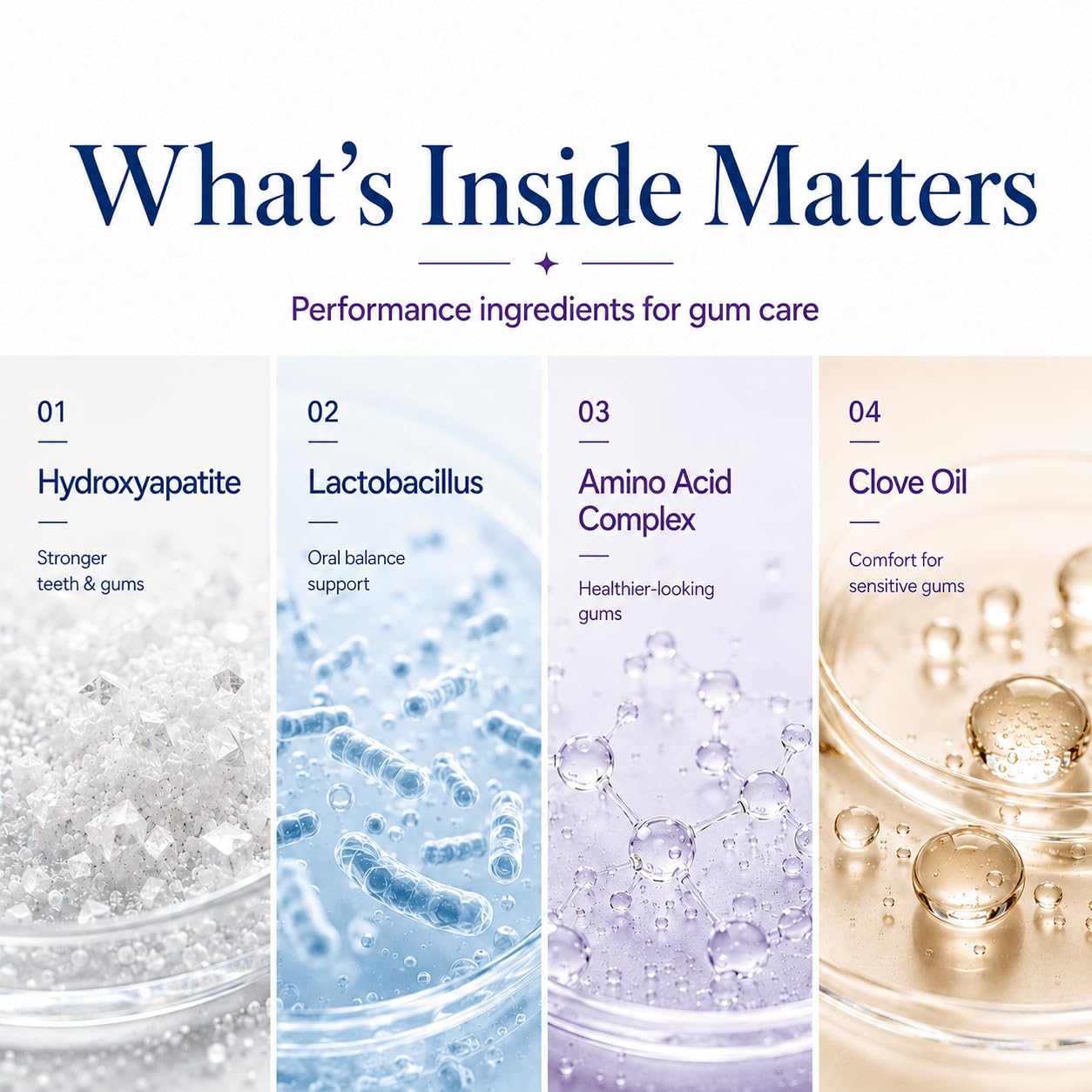 Dr. Glow detalle etiqueta con ingredientes activos favorables para encías