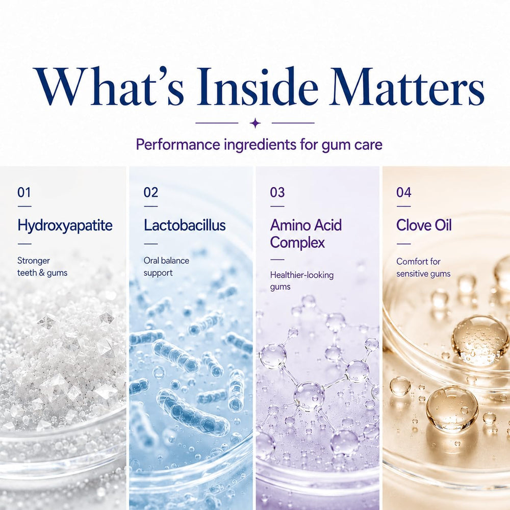 Dr. Glow detalle etiqueta con ingredientes activos favorables para encías