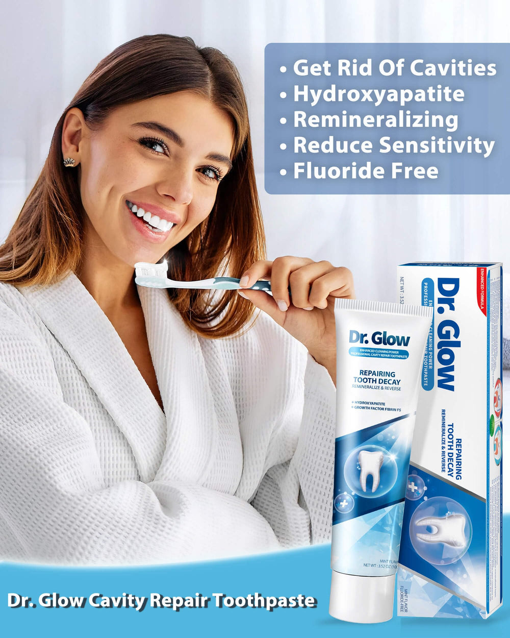 Dr. Glow detalle de hidroxiapatita como ingrediente clave y fortalecedor