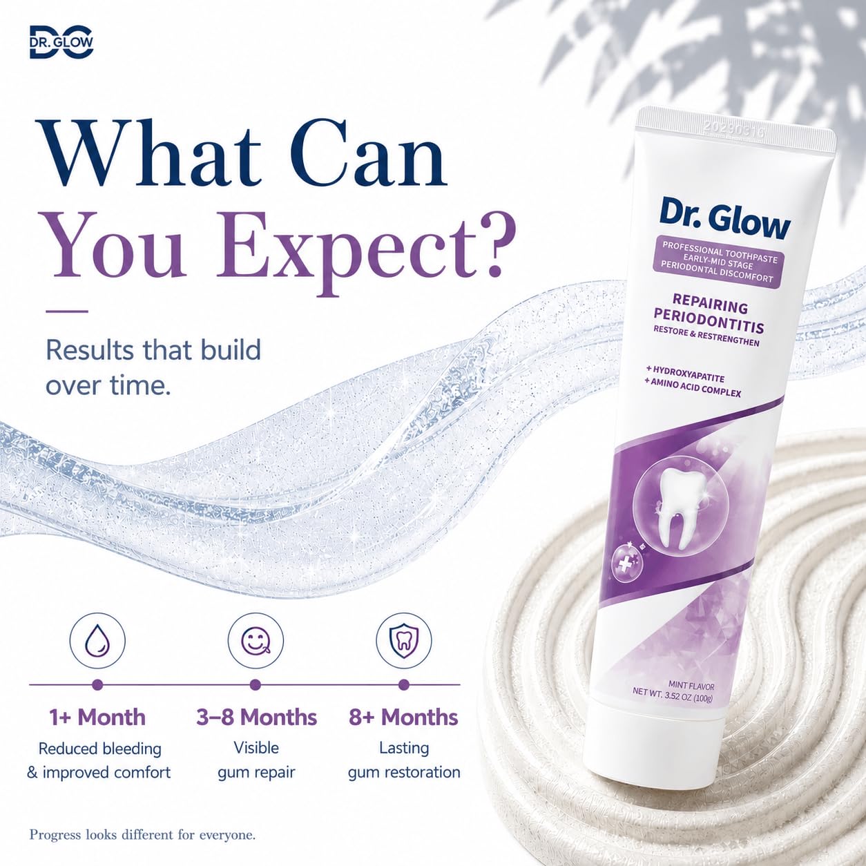 Dr. Glow en uso cepillado limpiando línea gingival para reducción de placa