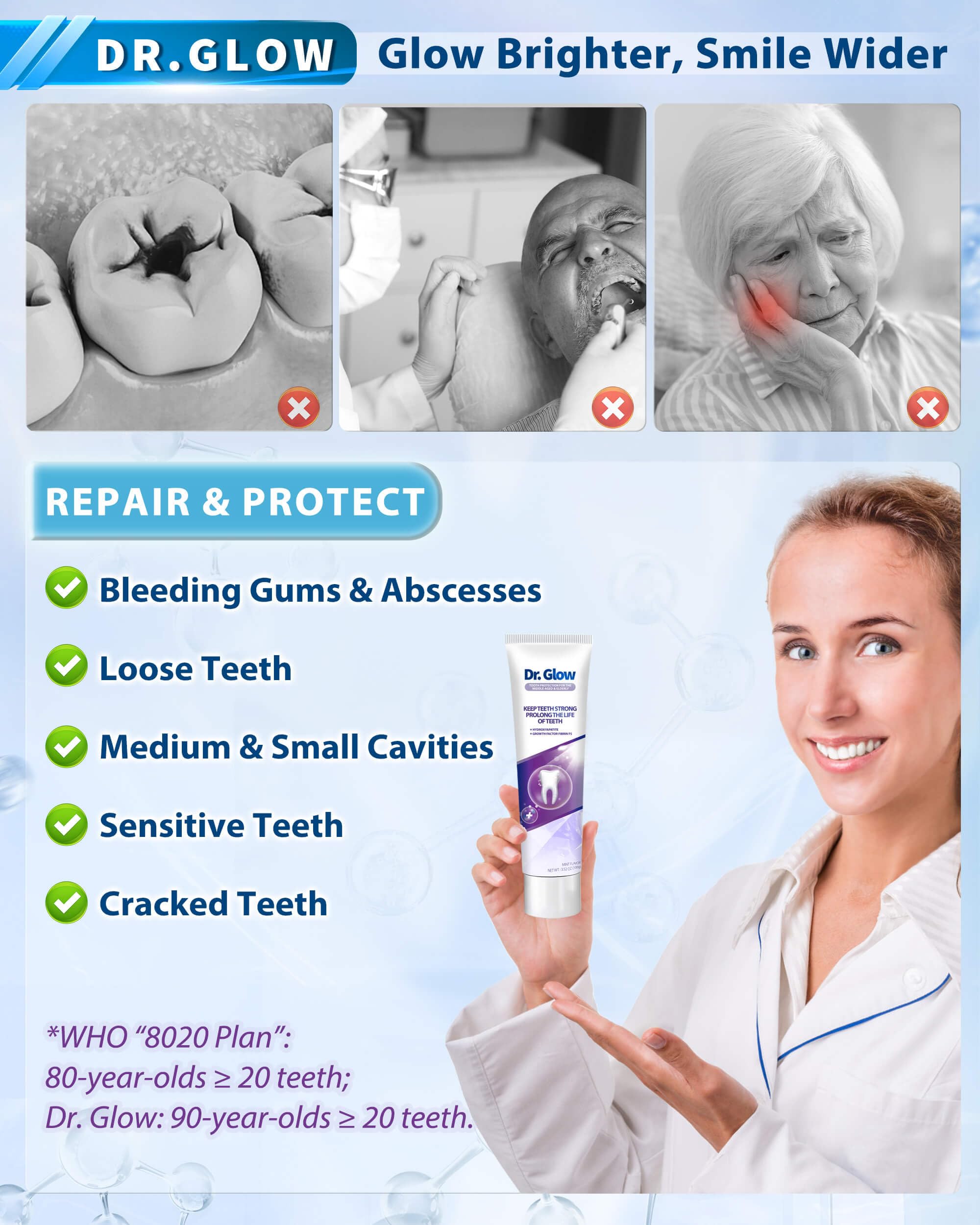 Dr. Glow persona mayor cepillando dientes para mejorar encías