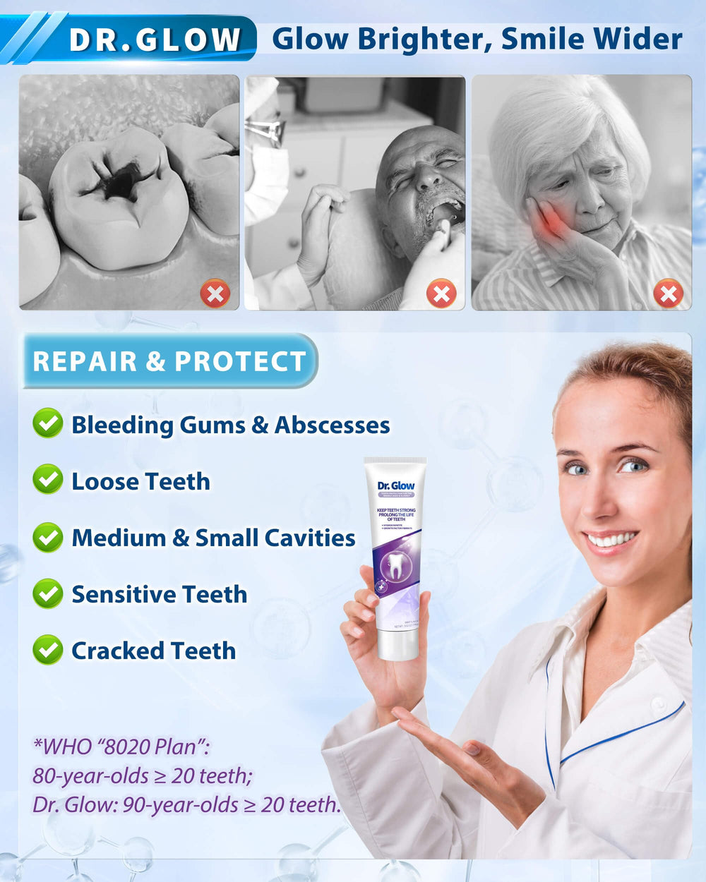 Dr. Glow persona mayor cepillando dientes para mejorar encías