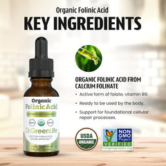 Dr. Green Mom etiqueta con sellos orgánico y libre de transgénicos, confianza certificada