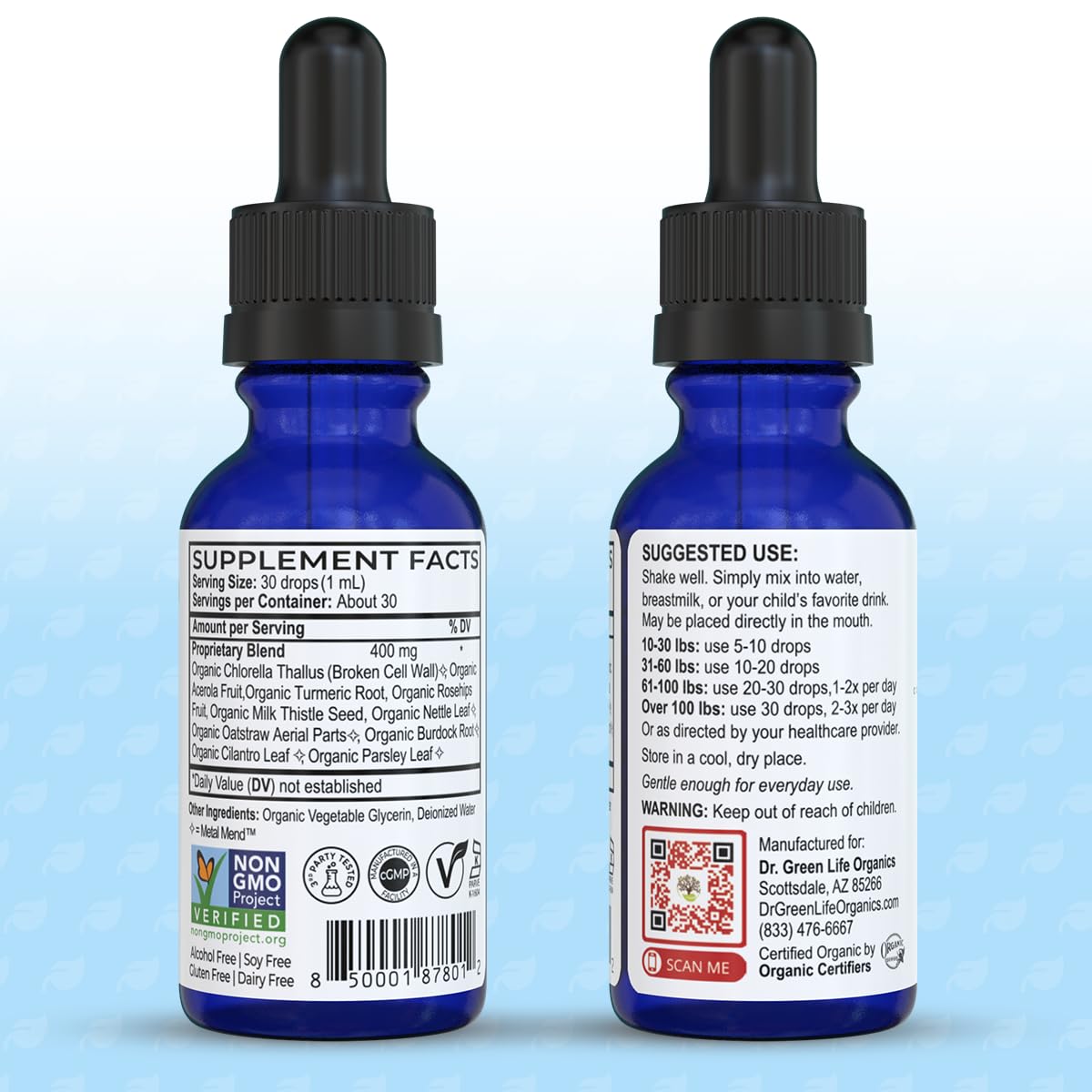 Dr. Green Mom etiqueta legible con certificaciones y lista de ingredientes