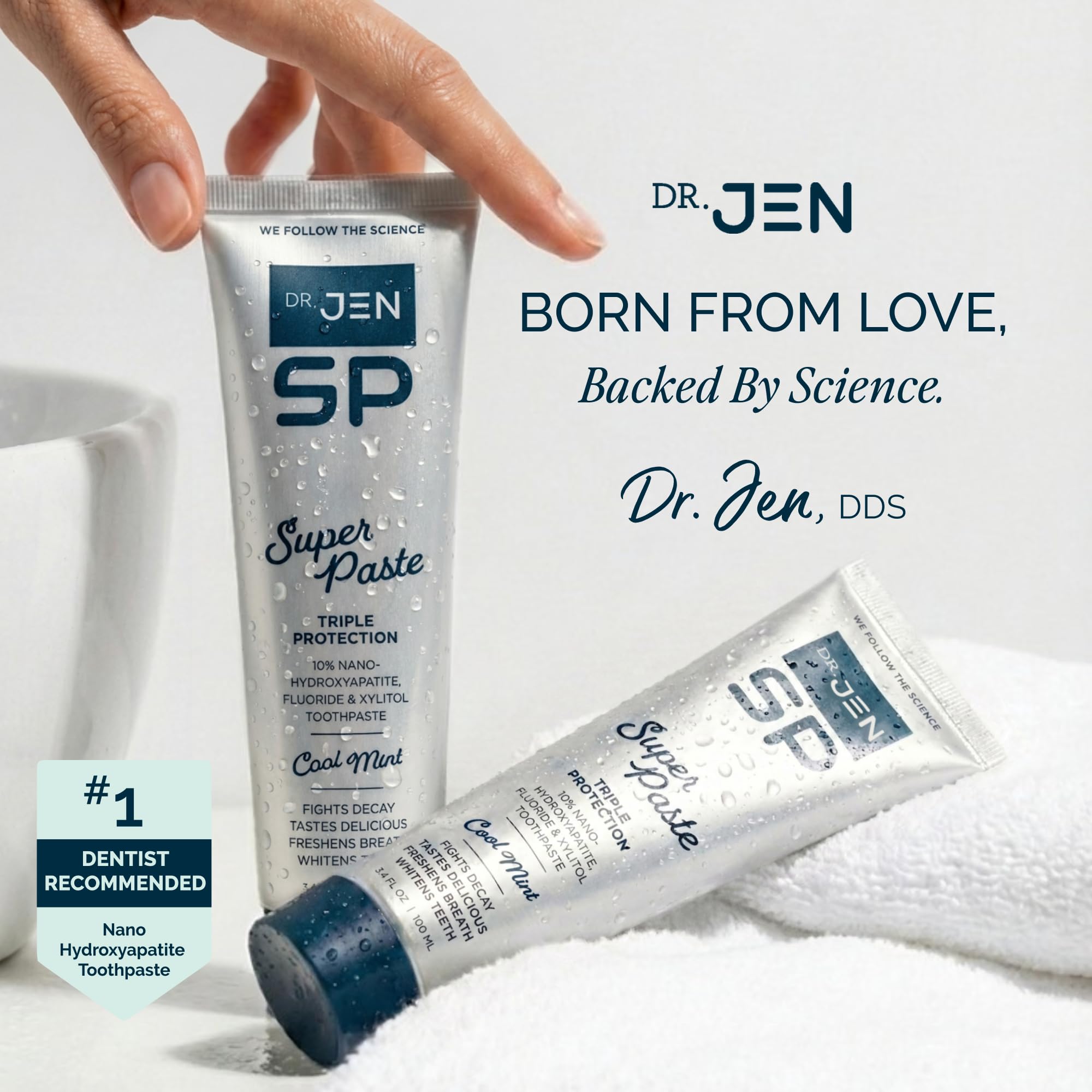 Dr Jen tubo en entorno de baño que inspira uso diario práctico