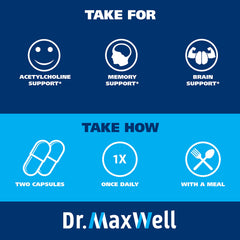 Dr. Maxwell cápsulas en mano humana, beneficio: muestra dosis y facilidad de uso