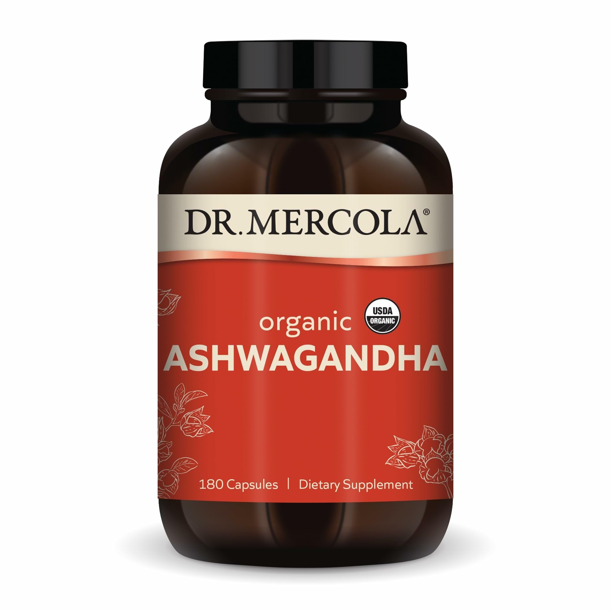 Dr. Mercola frasco frontal de Ashwagandha orgánica mostrando 180 cápsulas y beneficio de suministro prolongado