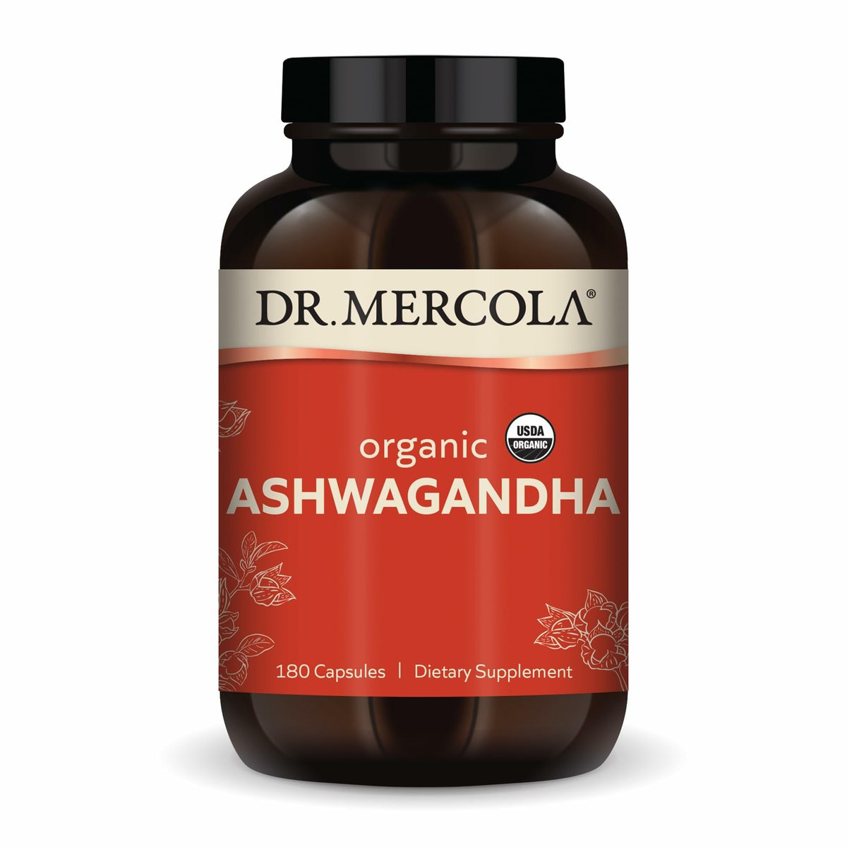 Dr. Mercola frasco frontal de Ashwagandha orgánica mostrando 180 cápsulas y beneficio de suministro prolongado