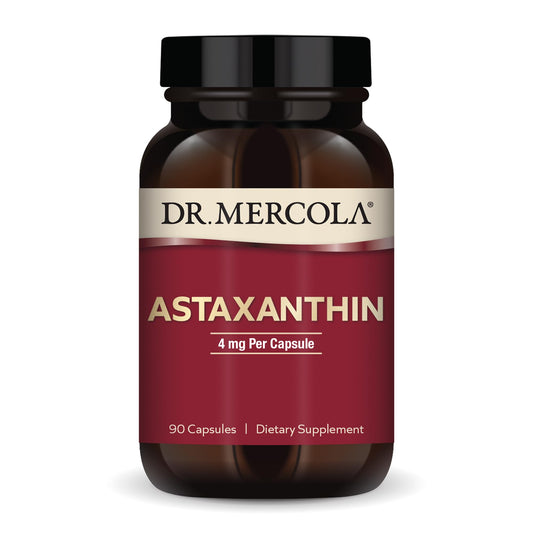 Dr. Mercola Astaxanthin bottle with organic microalgae extract for antioxidant support and daily wellness.