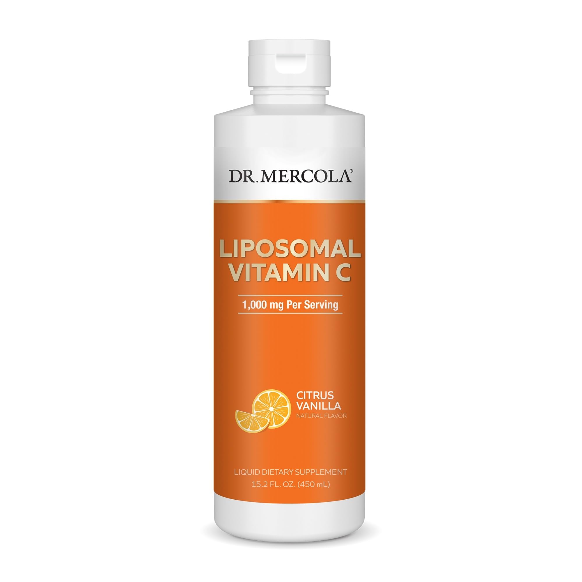 Dr. Mercola botella frontal liposomal con etiqueta clara y absorción mejorada
