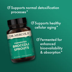 Dr. Mercola cápsulas sobre plato junto a hojas de brócoli para contexto natural
