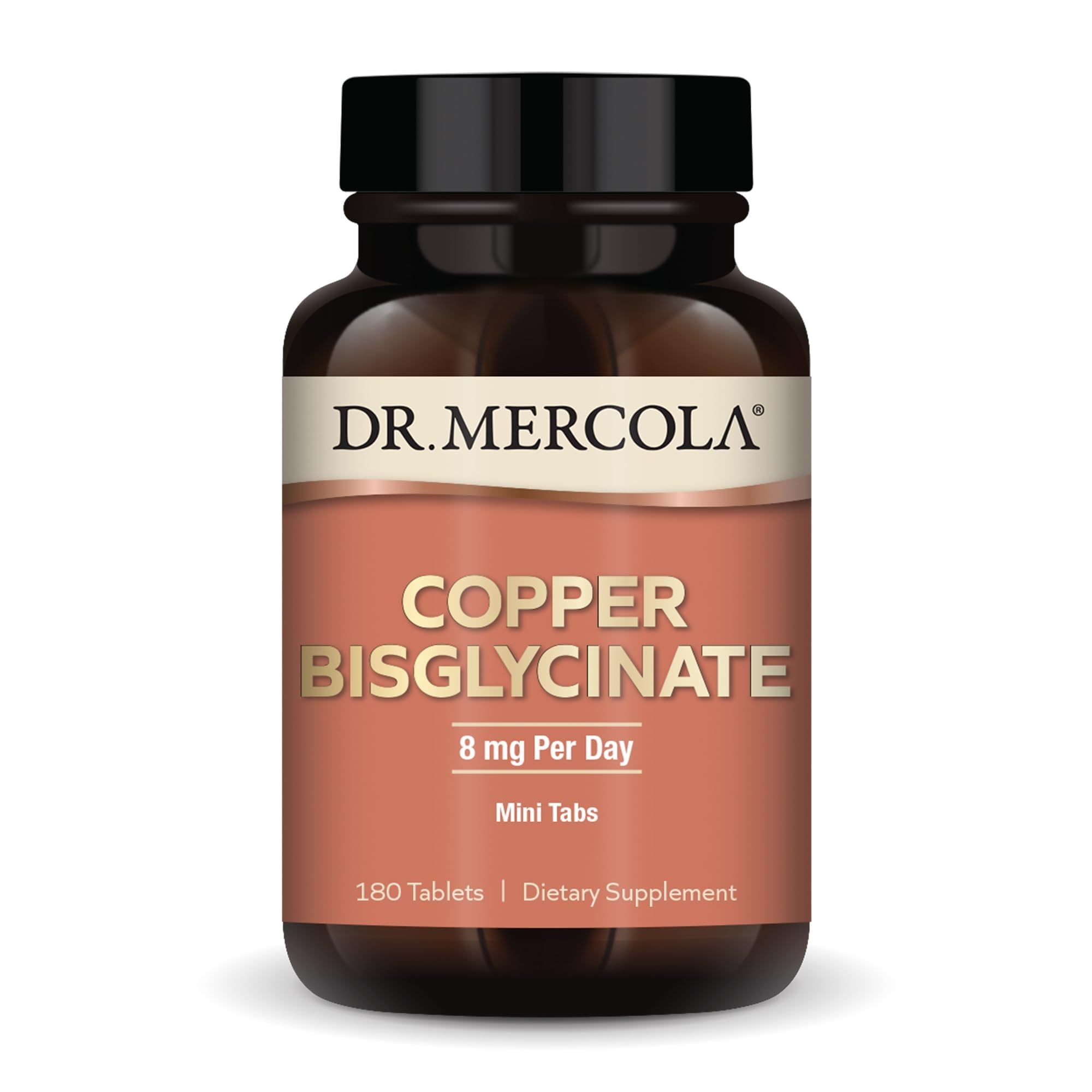 Dr. Mercola frente del empaque mostrando 180 tabletas y beneficios de pureza
