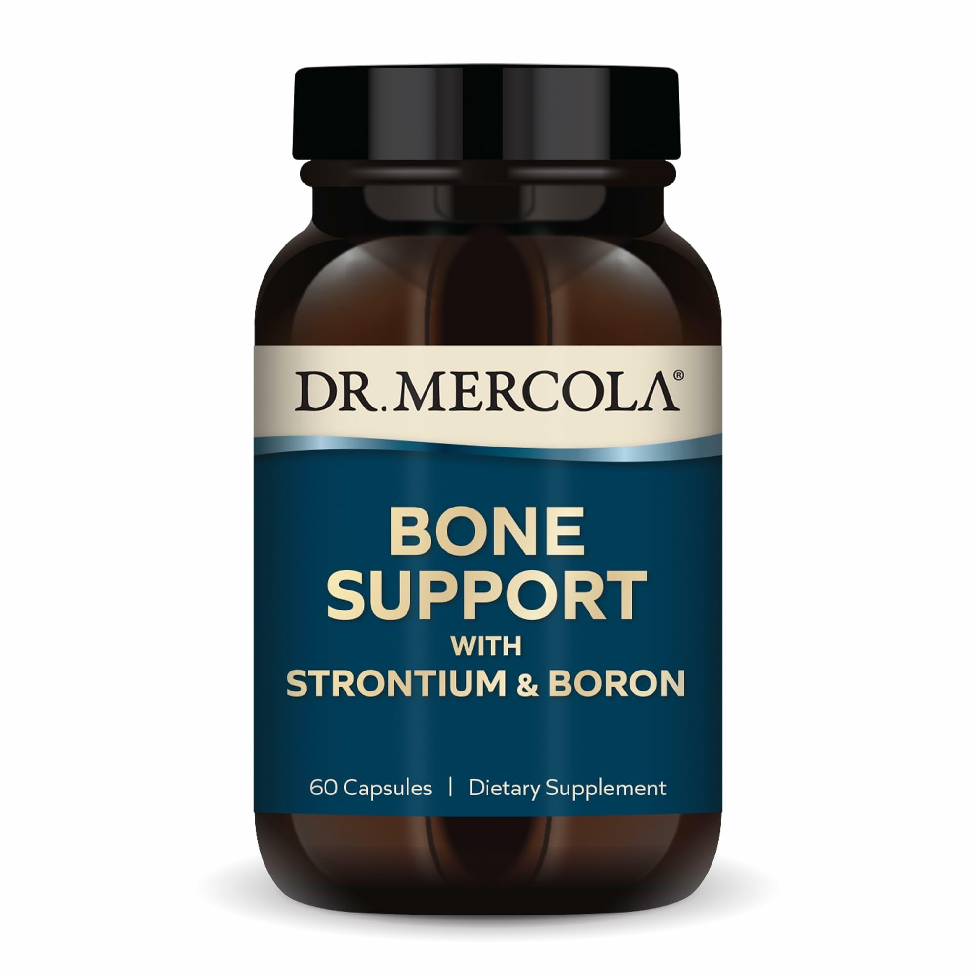 Dr. Mercola envase frontal mostrando cápsulas y beneficios de soporte óseo