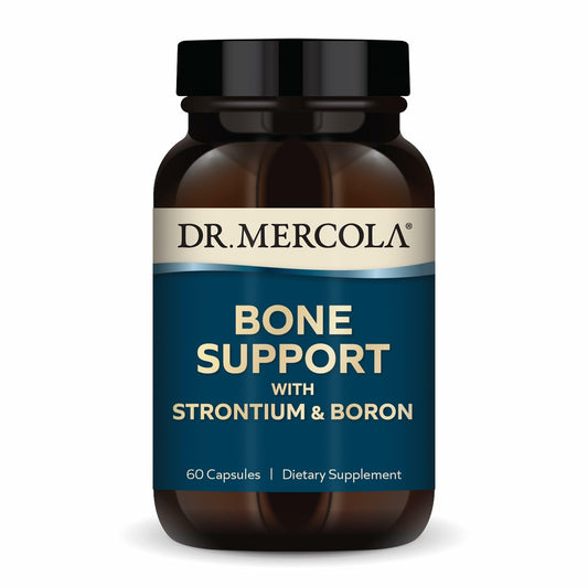 Dr. Mercola envase frontal mostrando cápsulas y beneficios de soporte óseo
