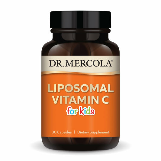 Dr. Mercola frasco delante mostrando diseño y beneficio de dosis infantil