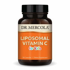 Dr. Mercola frasco delante mostrando diseño y beneficio de dosis infantil