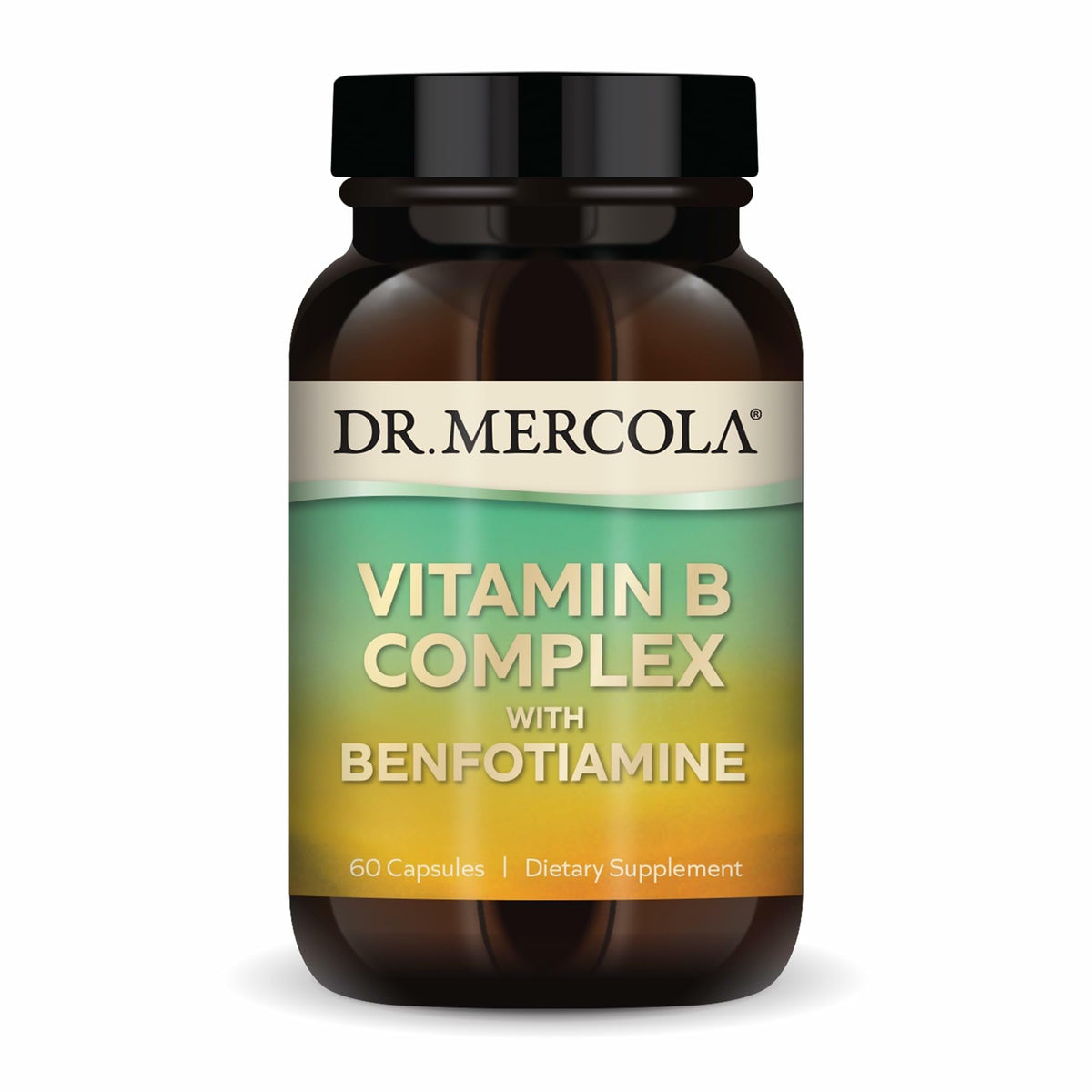 Dr. Mercola frasco frontal mostrando la etiqueta y beneficios visibles