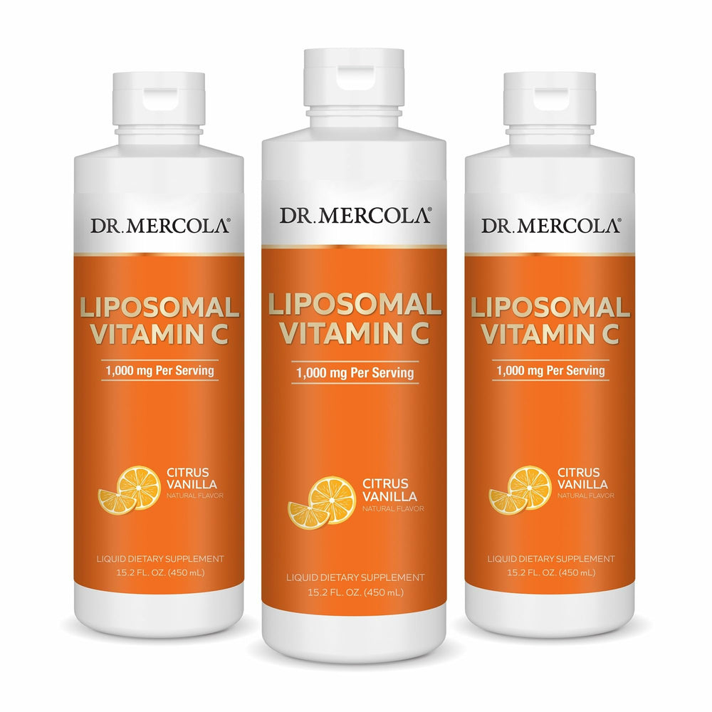 Dr. Mercola frasco frontal de vitamina C lipozomal con etiqueta clara y beneficios visibles