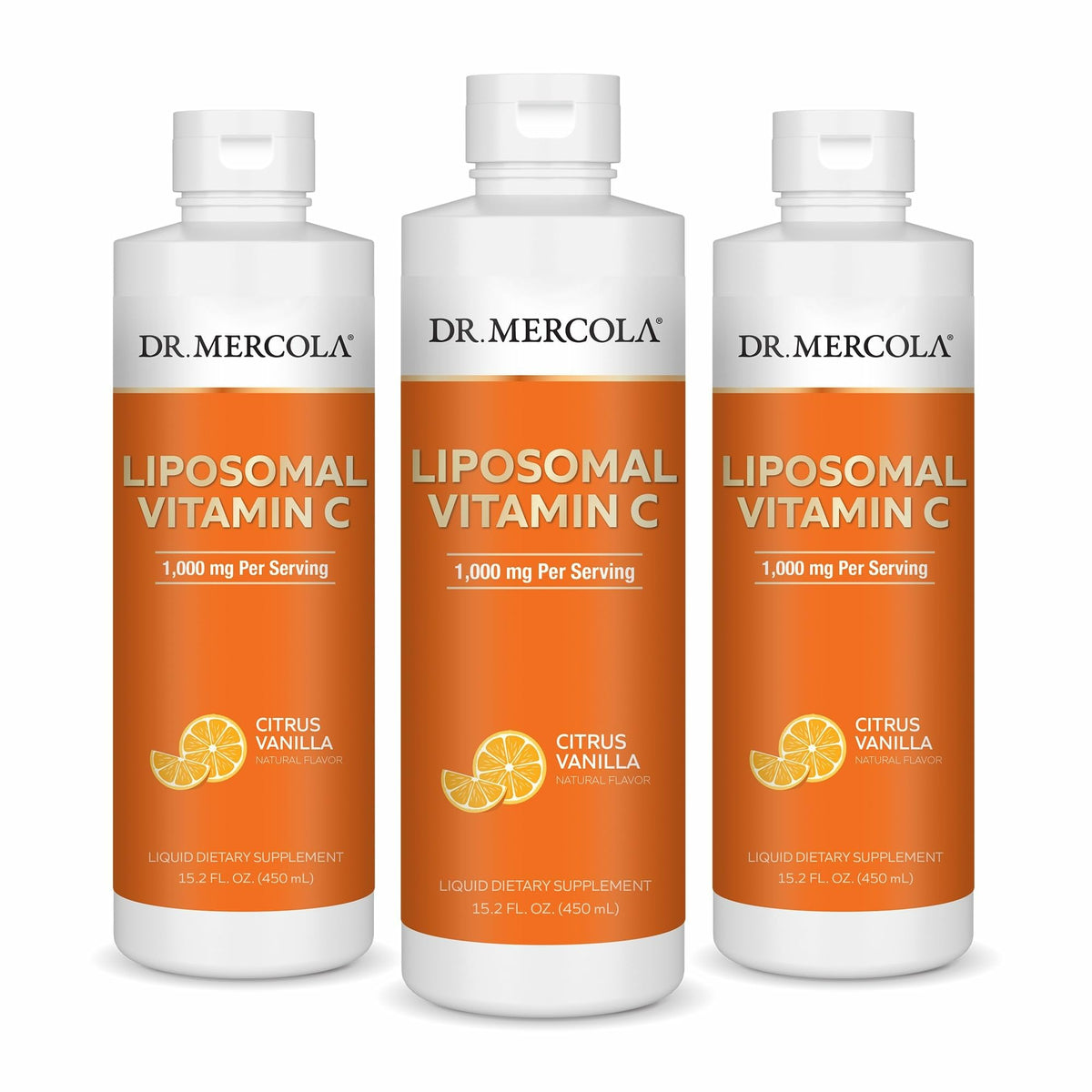 Dr. Mercola frasco frontal de vitamina C lipozomal con etiqueta clara y beneficios visibles