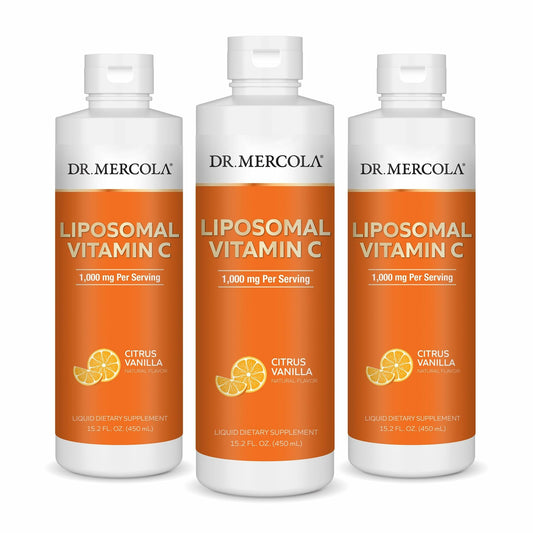 Dr. Mercola frasco frontal de vitamina C lipozomal con etiqueta clara y beneficios visibles