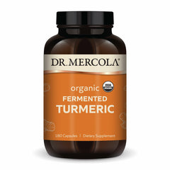 Dr. Mercola frasco frontal mostrando la etiqueta orgánica y ventaja de pureza