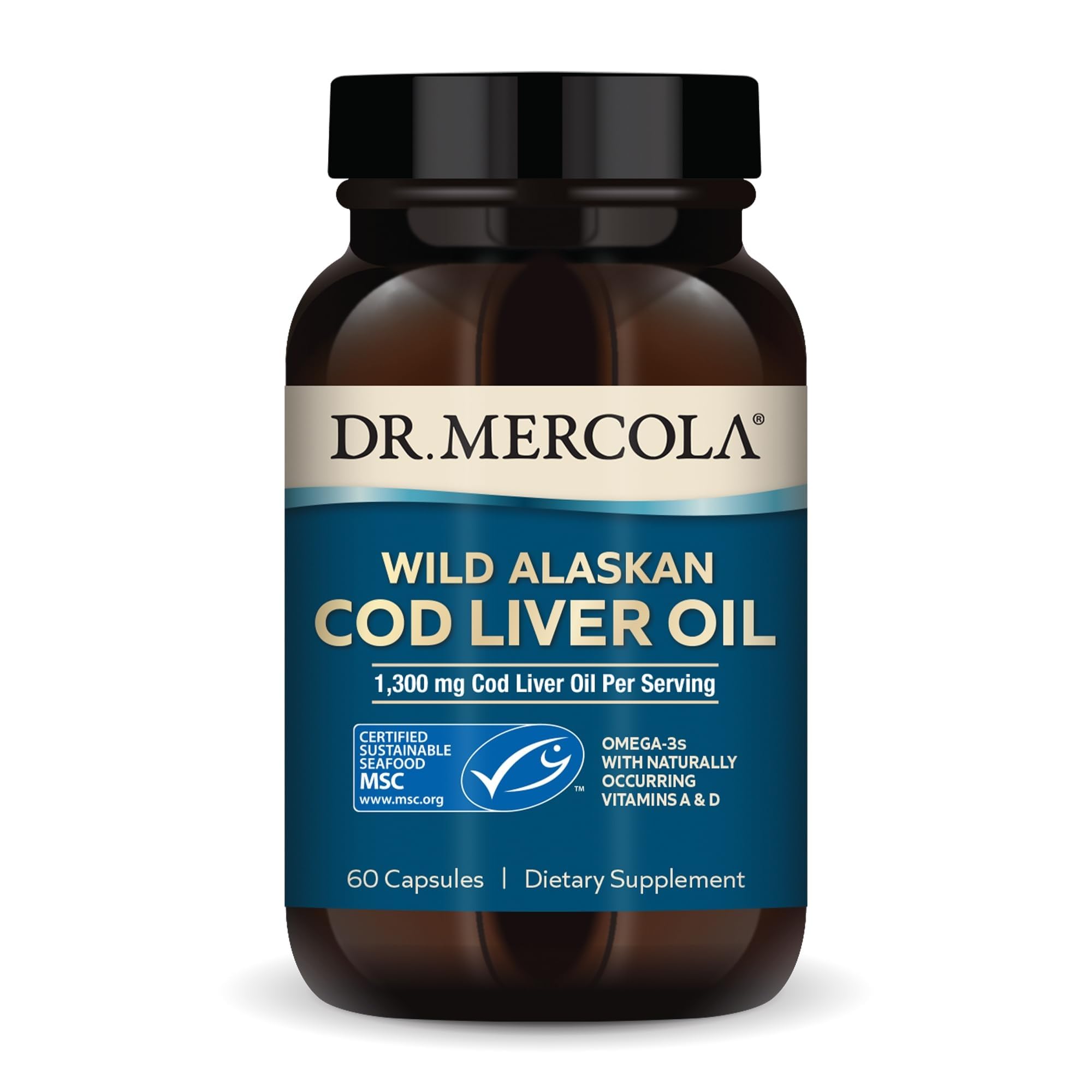 Dr. Mercola frasco frontal mostrando etiqueta y beneficios