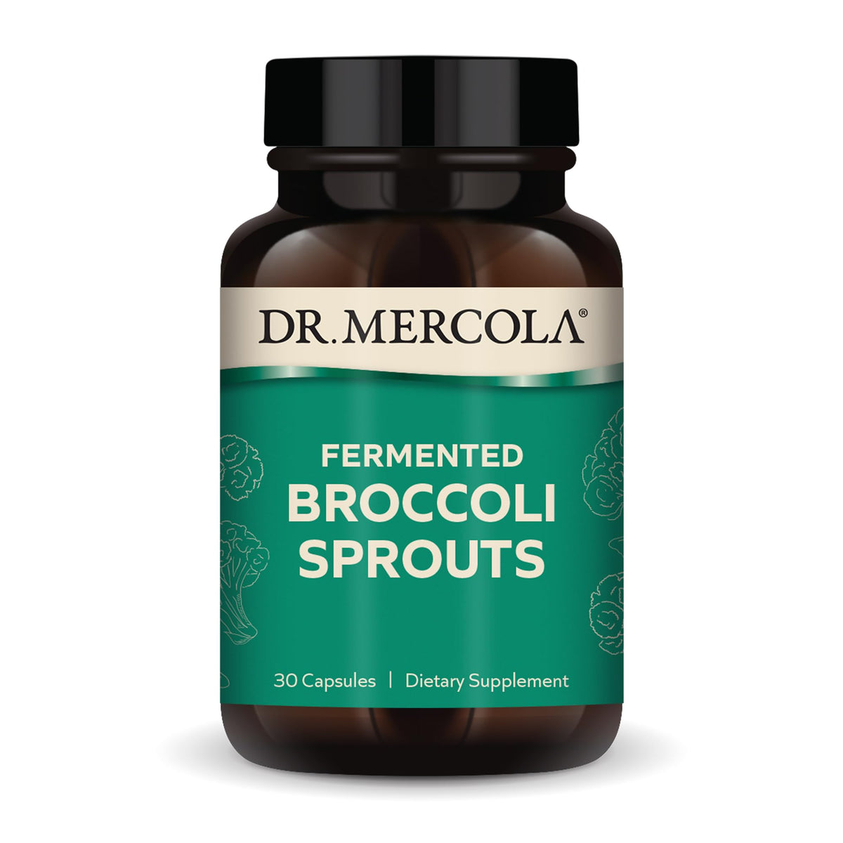 Dr. Mercola envase frontal mostrando brotes de brócoli fermentado y beneficios orgánicos