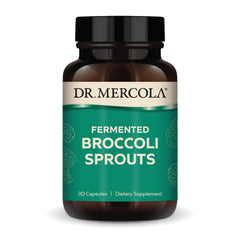 Dr. Mercola envase frontal mostrando brotes de brócoli fermentado y beneficios orgánicos