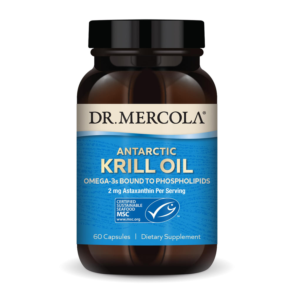 Dr. Mercola envase frontal del aceite de kril mostrando presentación y beneficios