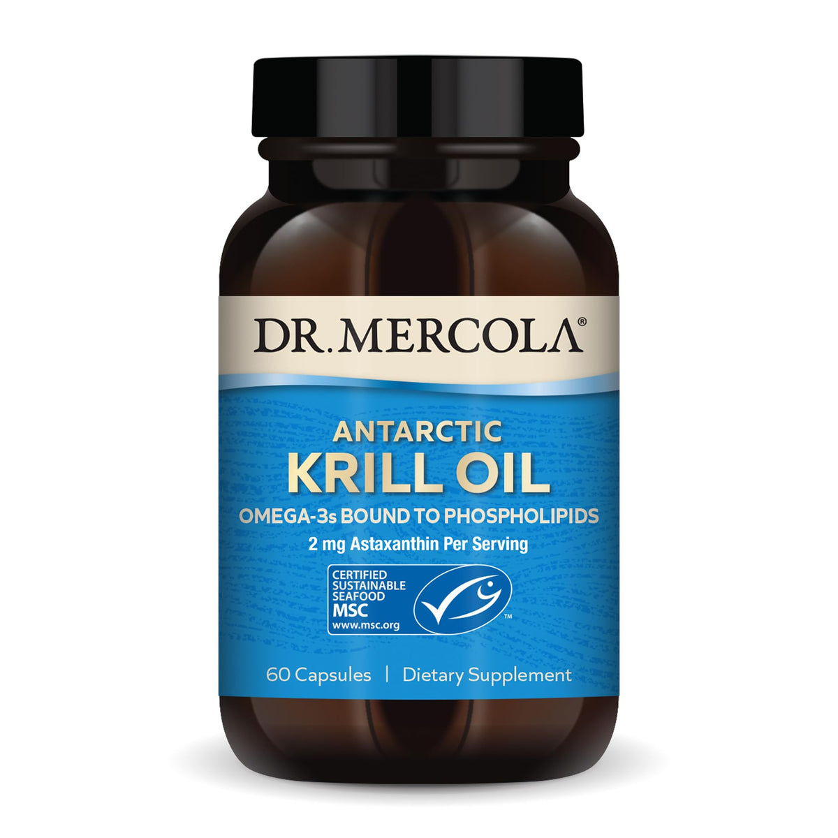 Dr. Mercola envase frontal del aceite de kril mostrando presentación y beneficios